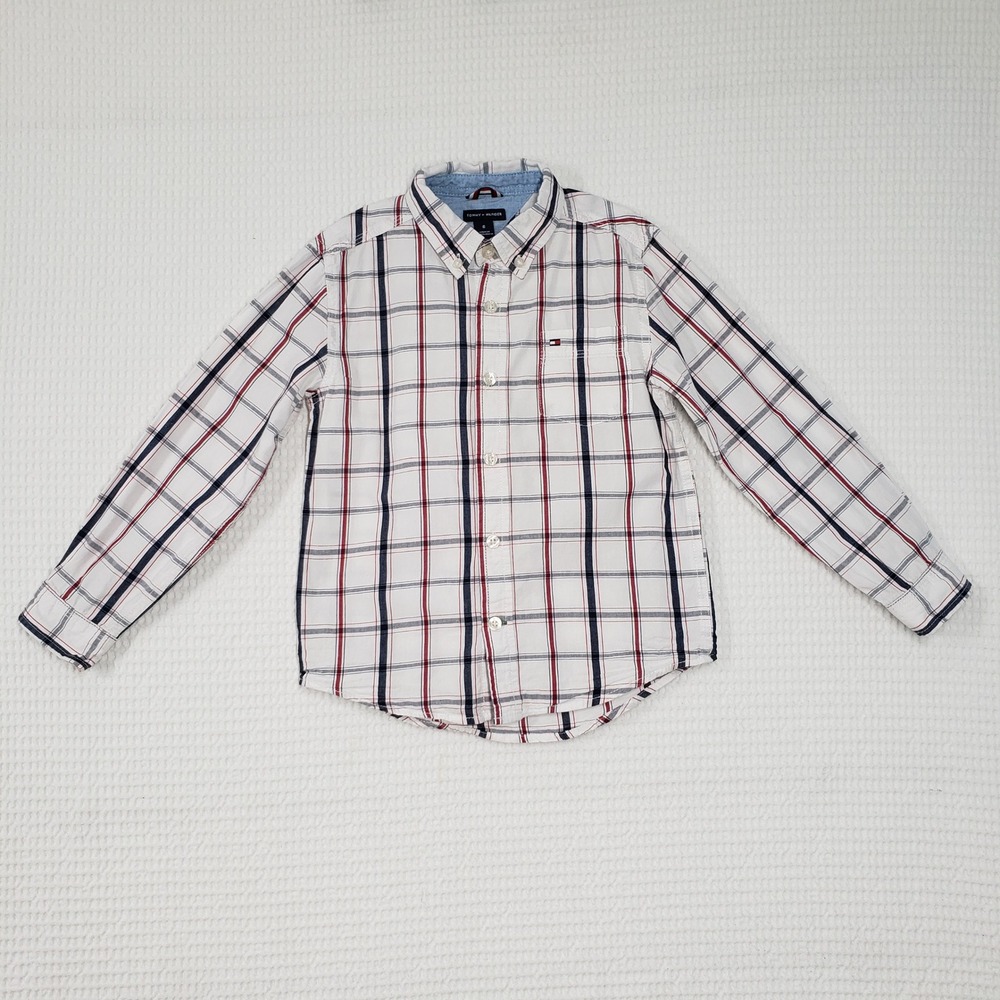 Tommy Hilfiger Button Down Shirt Boys 6 White Plaid Long Sleeve Preppy Americana
